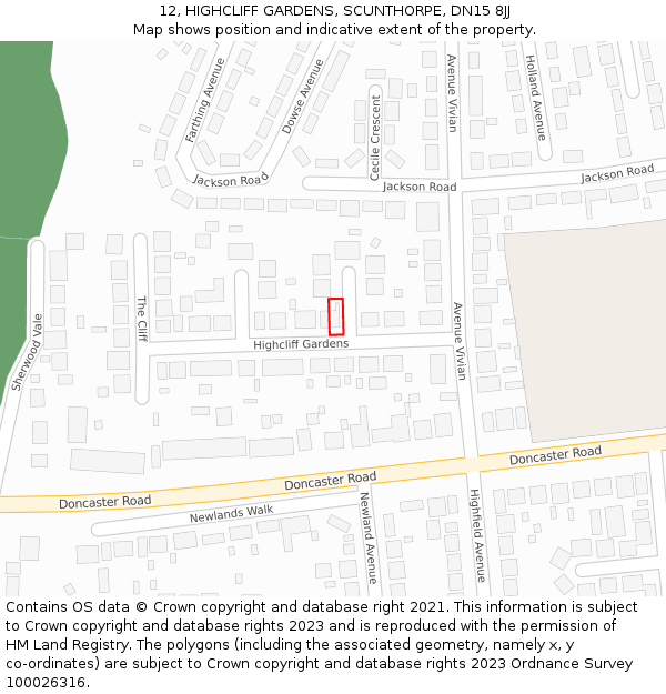 12, HIGHCLIFF GARDENS, SCUNTHORPE, DN15 8JJ: Location map and indicative extent of plot