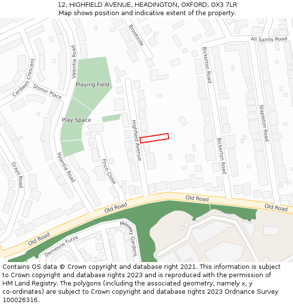 12, HIGHFIELD AVENUE, HEADINGTON, OXFORD, OX3 7LR: Location map and indicative extent of plot