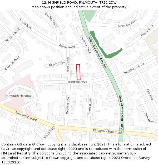 12, HIGHFIELD ROAD, FALMOUTH, TR11 2DW: Location map and indicative extent of plot