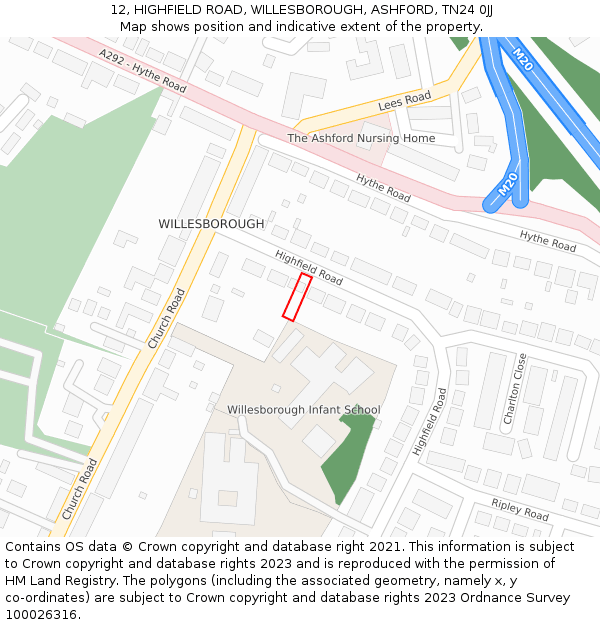 12, HIGHFIELD ROAD, WILLESBOROUGH, ASHFORD, TN24 0JJ: Location map and indicative extent of plot