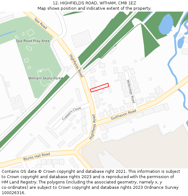 12, HIGHFIELDS ROAD, WITHAM, CM8 1EZ: Location map and indicative extent of plot