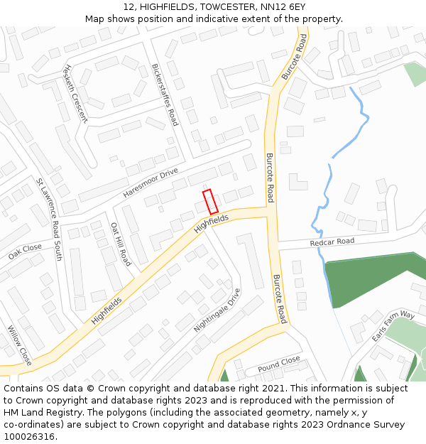 12, HIGHFIELDS, TOWCESTER, NN12 6EY: Location map and indicative extent of plot