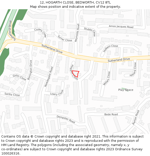 12, HOGARTH CLOSE, BEDWORTH, CV12 8TL: Location map and indicative extent of plot