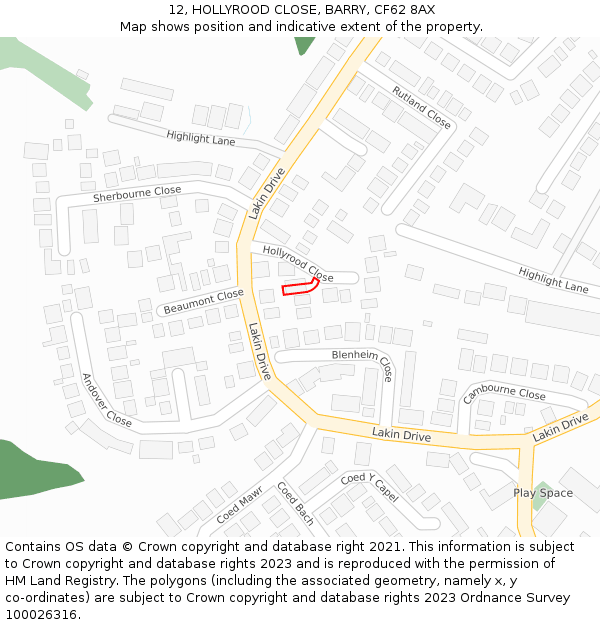 12, HOLLYROOD CLOSE, BARRY, CF62 8AX: Location map and indicative extent of plot