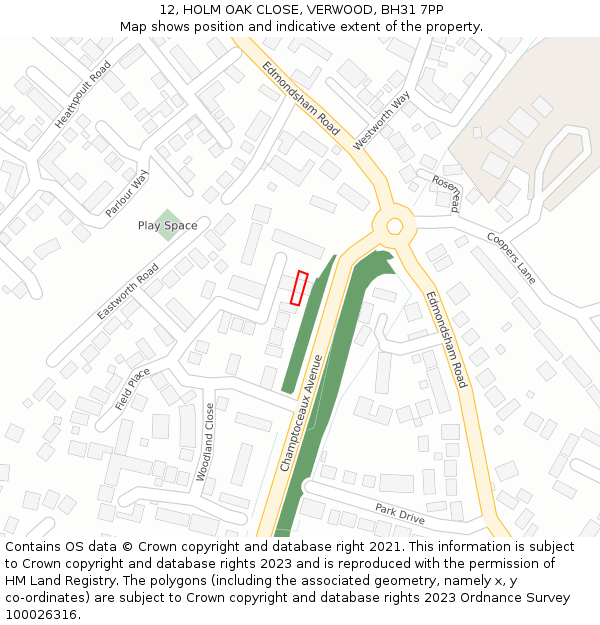 12, HOLM OAK CLOSE, VERWOOD, BH31 7PP: Location map and indicative extent of plot