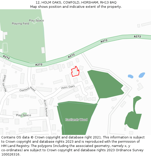 12, HOLM OAKS, COWFOLD, HORSHAM, RH13 8AQ: Location map and indicative extent of plot