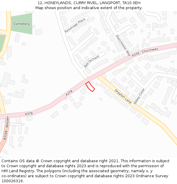 12, HONEYLANDS, CURRY RIVEL, LANGPORT, TA10 0EH: Location map and indicative extent of plot