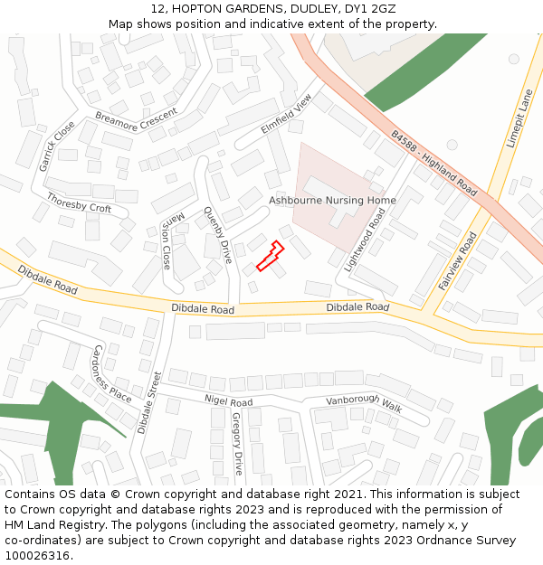 12, HOPTON GARDENS, DUDLEY, DY1 2GZ: Location map and indicative extent of plot