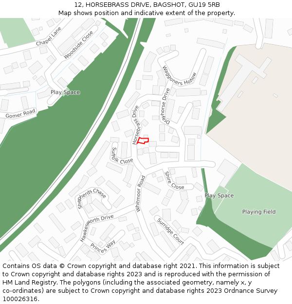 12, HORSEBRASS DRIVE, BAGSHOT, GU19 5RB: Location map and indicative extent of plot