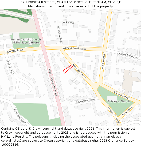 12, HORSEFAIR STREET, CHARLTON KINGS, CHELTENHAM, GL53 8JE: Location map and indicative extent of plot