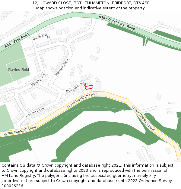 12, HOWARD CLOSE, BOTHENHAMPTON, BRIDPORT, DT6 4SR: Location map and indicative extent of plot