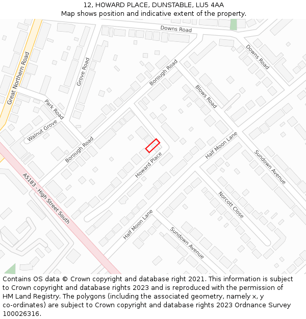 12, HOWARD PLACE, DUNSTABLE, LU5 4AA: Location map and indicative extent of plot