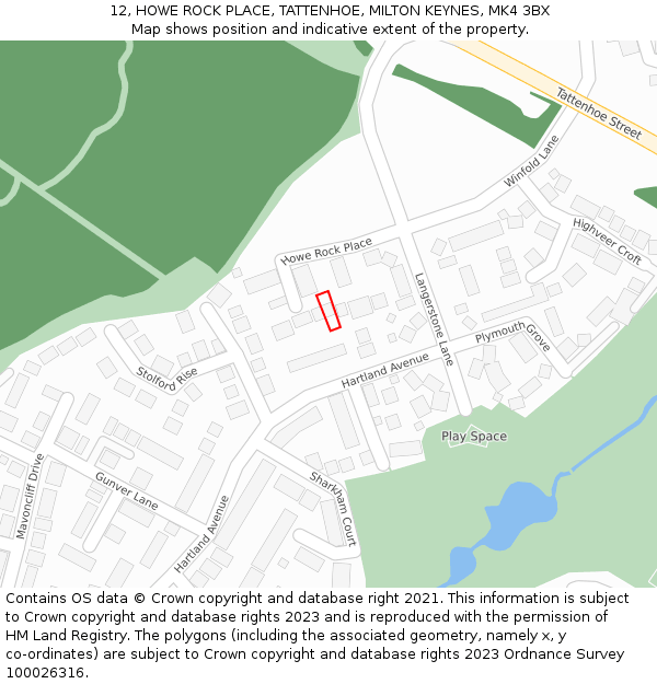 12, HOWE ROCK PLACE, TATTENHOE, MILTON KEYNES, MK4 3BX: Location map and indicative extent of plot