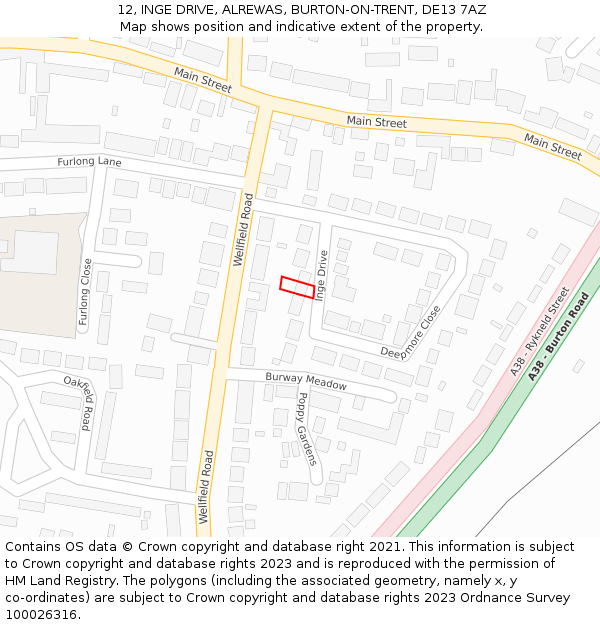 12, INGE DRIVE, ALREWAS, BURTON-ON-TRENT, DE13 7AZ: Location map and indicative extent of plot