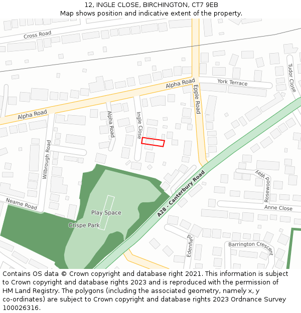 12, INGLE CLOSE, BIRCHINGTON, CT7 9EB: Location map and indicative extent of plot