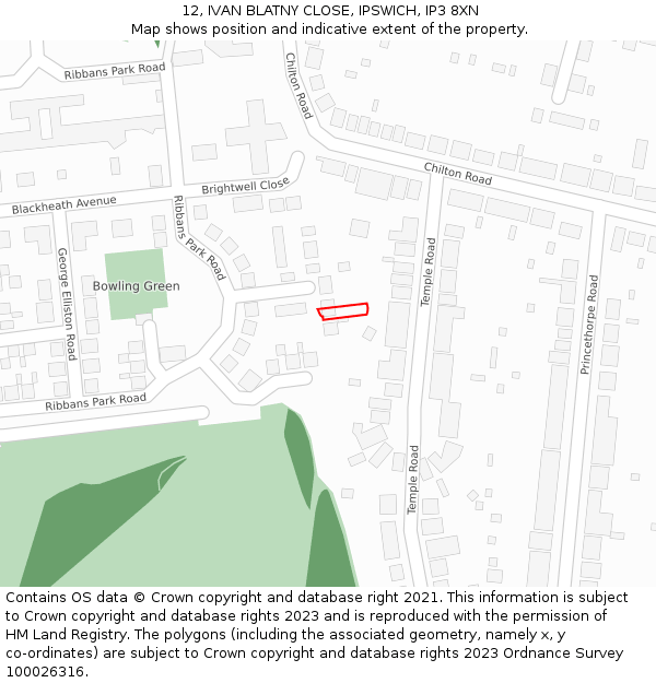 12, IVAN BLATNY CLOSE, IPSWICH, IP3 8XN: Location map and indicative extent of plot