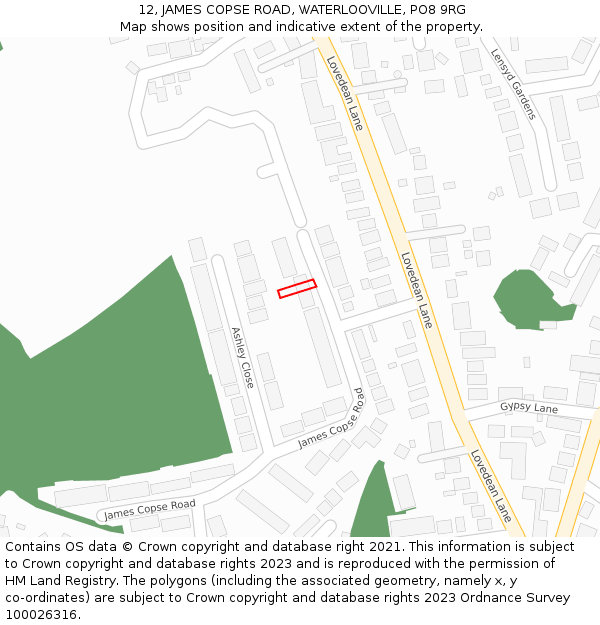 12, JAMES COPSE ROAD, WATERLOOVILLE, PO8 9RG: Location map and indicative extent of plot