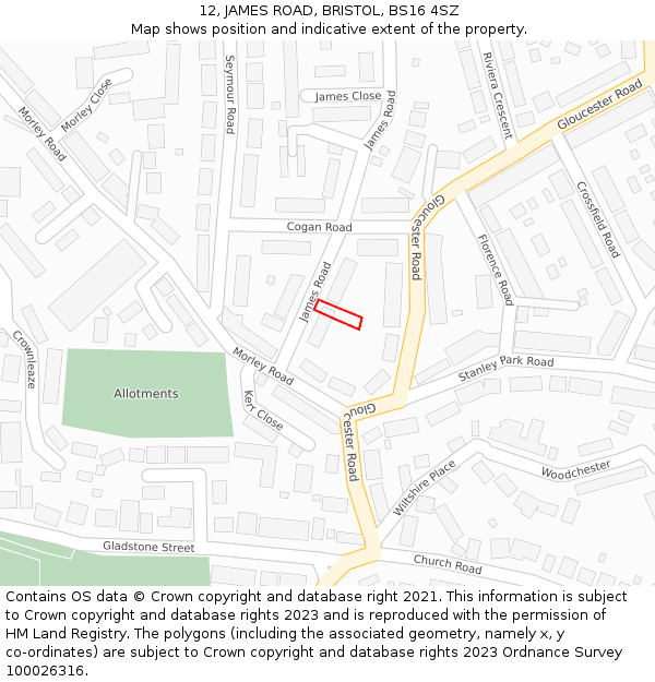 12, JAMES ROAD, BRISTOL, BS16 4SZ: Location map and indicative extent of plot