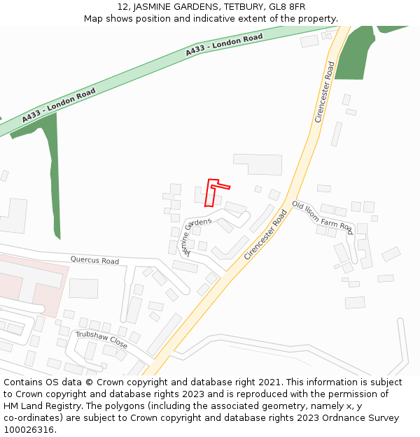 12, JASMINE GARDENS, TETBURY, GL8 8FR: Location map and indicative extent of plot