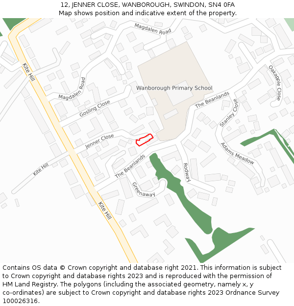 12, JENNER CLOSE, WANBOROUGH, SWINDON, SN4 0FA: Location map and indicative extent of plot