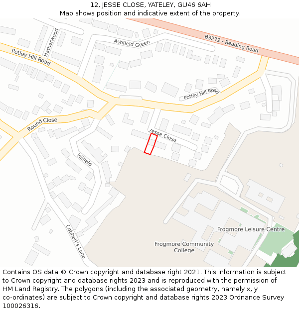 12, JESSE CLOSE, YATELEY, GU46 6AH: Location map and indicative extent of plot