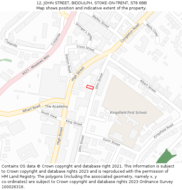 12, JOHN STREET, BIDDULPH, STOKE-ON-TRENT, ST8 6BB: Location map and indicative extent of plot