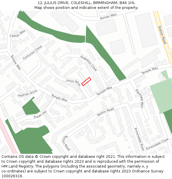 12, JULIUS DRIVE, COLESHILL, BIRMINGHAM, B46 1HL: Location map and indicative extent of plot