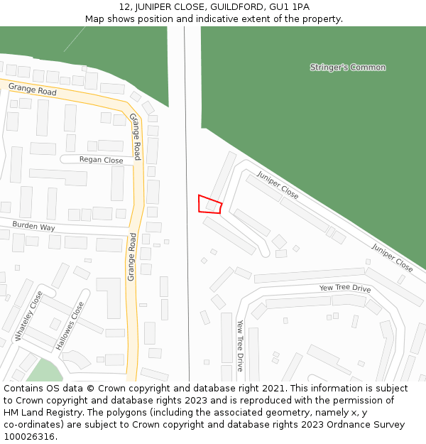 12, JUNIPER CLOSE, GUILDFORD, GU1 1PA: Location map and indicative extent of plot