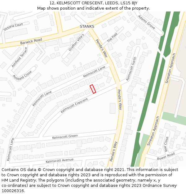 12, KELMSCOTT CRESCENT, LEEDS, LS15 8JY: Location map and indicative extent of plot