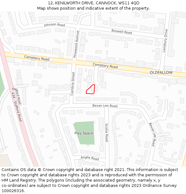 12, KENILWORTH DRIVE, CANNOCK, WS11 4QD: Location map and indicative extent of plot