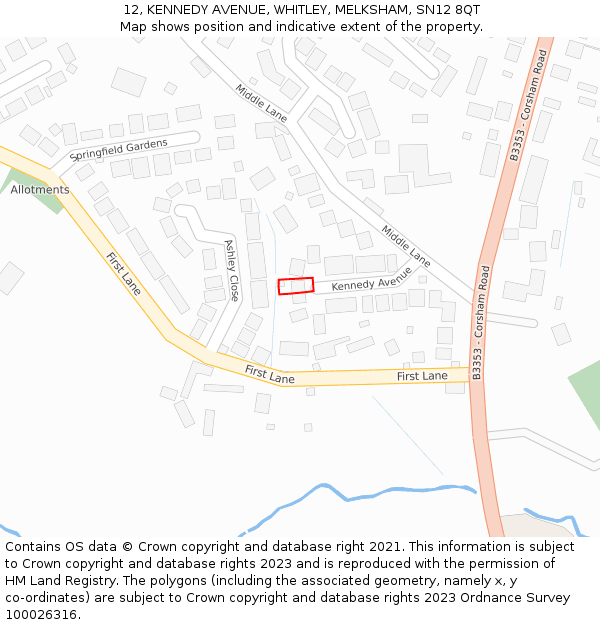 12, KENNEDY AVENUE, WHITLEY, MELKSHAM, SN12 8QT: Location map and indicative extent of plot