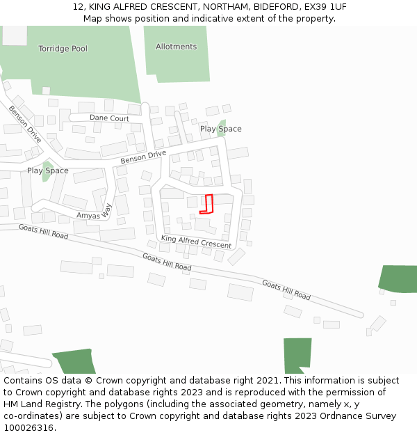 12, KING ALFRED CRESCENT, NORTHAM, BIDEFORD, EX39 1UF: Location map and indicative extent of plot