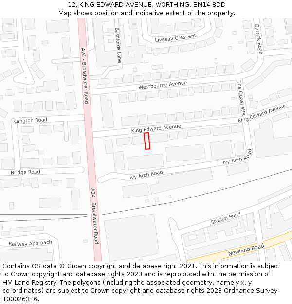 12, KING EDWARD AVENUE, WORTHING, BN14 8DD: Location map and indicative extent of plot