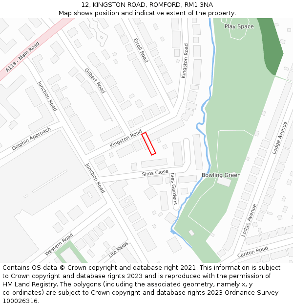 12, KINGSTON ROAD, ROMFORD, RM1 3NA: Location map and indicative extent of plot