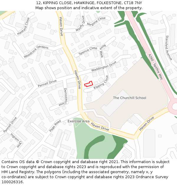 12, KIPPING CLOSE, HAWKINGE, FOLKESTONE, CT18 7NY: Location map and indicative extent of plot