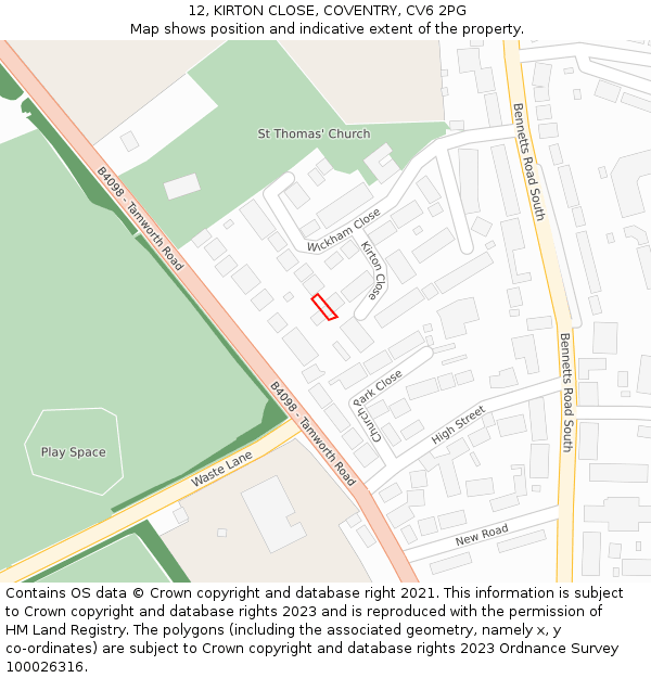 12, KIRTON CLOSE, COVENTRY, CV6 2PG: Location map and indicative extent of plot
