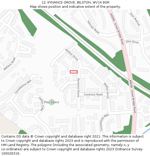 12, KYNANCE GROVE, BILSTON, WV14 8GR: Location map and indicative extent of plot