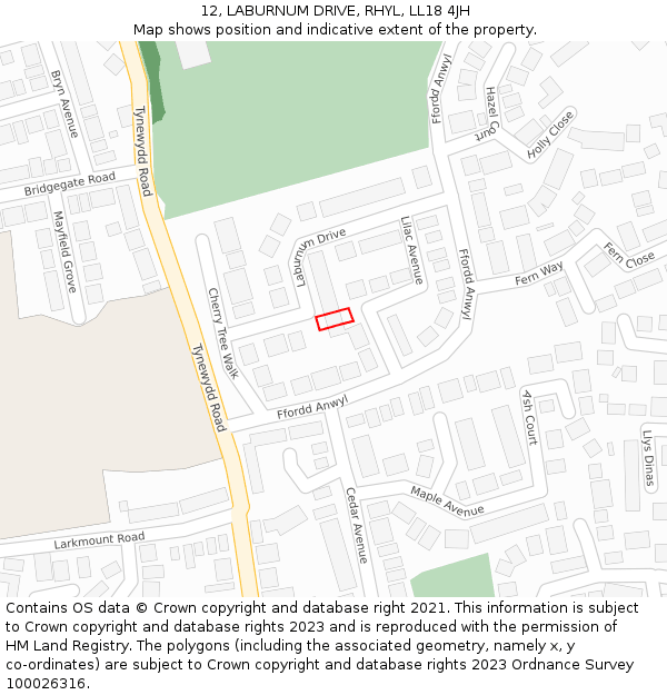 12, LABURNUM DRIVE, RHYL, LL18 4JH: Location map and indicative extent of plot