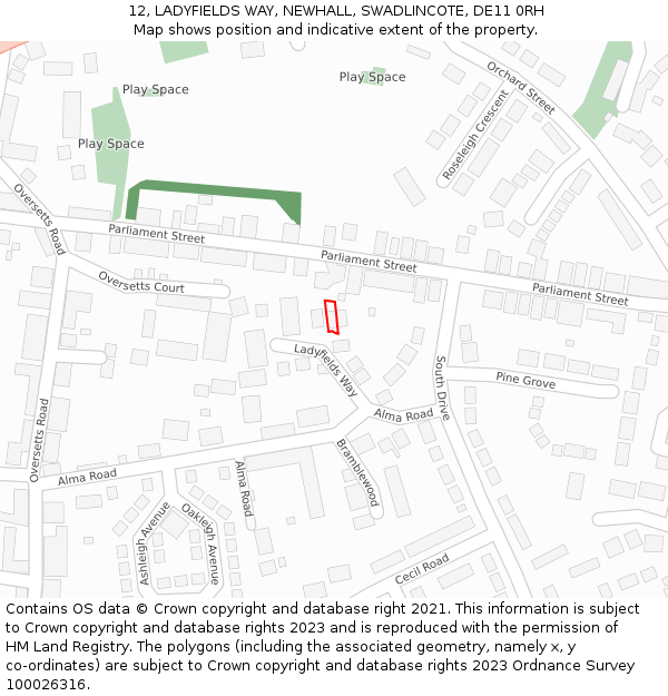 12, LADYFIELDS WAY, NEWHALL, SWADLINCOTE, DE11 0RH: Location map and indicative extent of plot