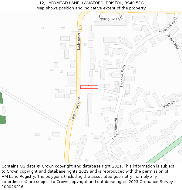 12, LADYMEAD LANE, LANGFORD, BRISTOL, BS40 5EG: Location map and indicative extent of plot