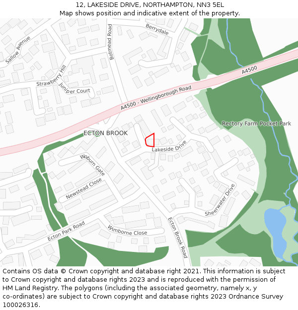 12, LAKESIDE DRIVE, NORTHAMPTON, NN3 5EL: Location map and indicative extent of plot