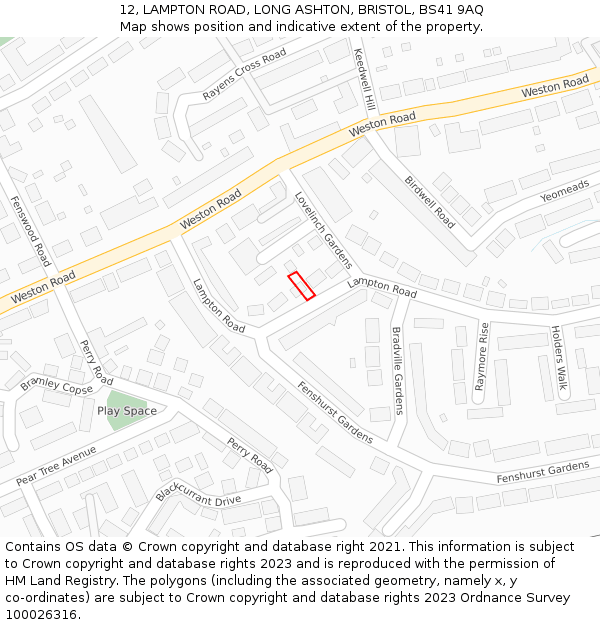 12, LAMPTON ROAD, LONG ASHTON, BRISTOL, BS41 9AQ: Location map and indicative extent of plot