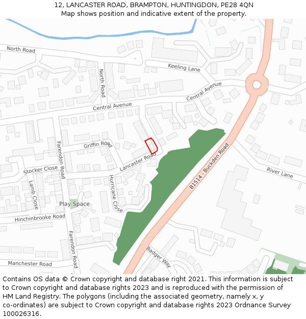 12, LANCASTER ROAD, BRAMPTON, HUNTINGDON, PE28 4QN: Location map and indicative extent of plot