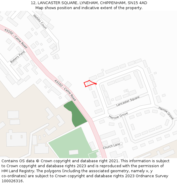 12, LANCASTER SQUARE, LYNEHAM, CHIPPENHAM, SN15 4AD: Location map and indicative extent of plot