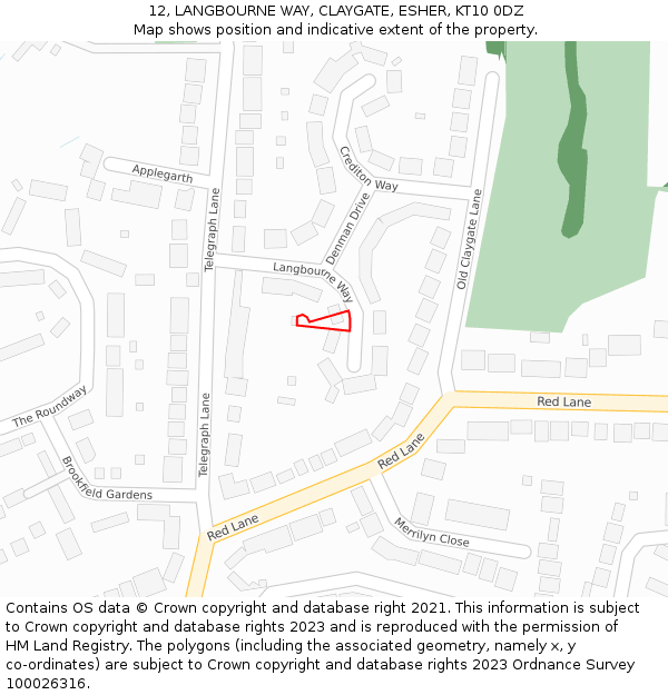 12, LANGBOURNE WAY, CLAYGATE, ESHER, KT10 0DZ: Location map and indicative extent of plot