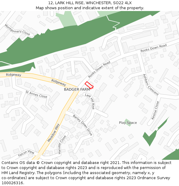 12, LARK HILL RISE, WINCHESTER, SO22 4LX: Location map and indicative extent of plot