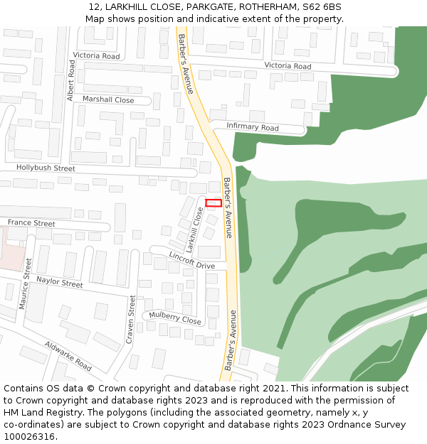 12, LARKHILL CLOSE, PARKGATE, ROTHERHAM, S62 6BS: Location map and indicative extent of plot