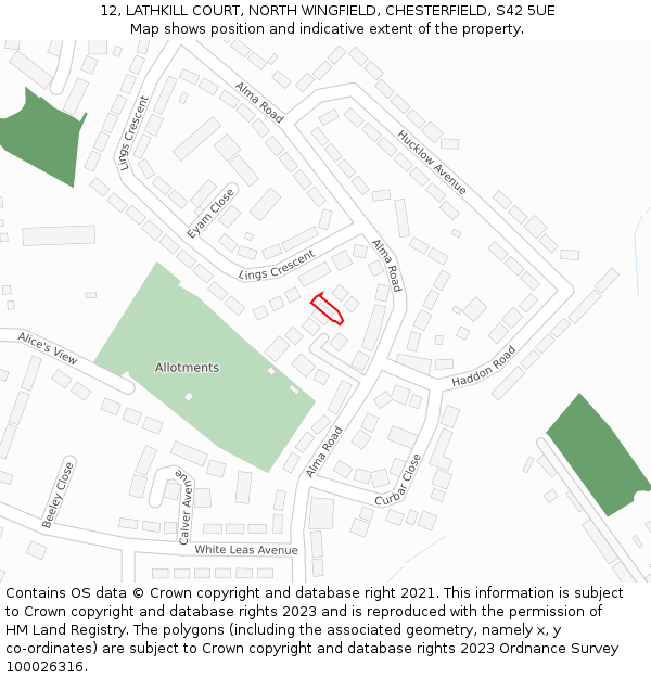 12, LATHKILL COURT, NORTH WINGFIELD, CHESTERFIELD, S42 5UE: Location map and indicative extent of plot