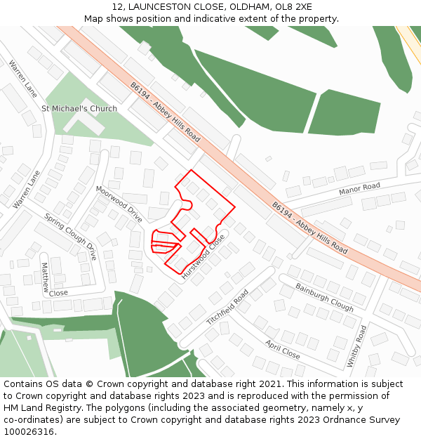 12, LAUNCESTON CLOSE, OLDHAM, OL8 2XE: Location map and indicative extent of plot