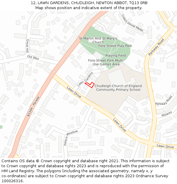 12, LAWN GARDENS, CHUDLEIGH, NEWTON ABBOT, TQ13 0RB: Location map and indicative extent of plot